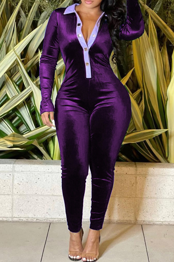 Purple Fashion Casual Solid Patchwork Turndown Collar Regular Jumpsuits