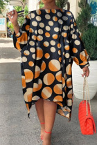 Brown Fashion Print Polka Dot Patchwork Asymmetrical Off the Shoulder Straight Dresses