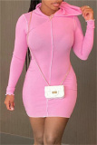 Pink Fashion Casual Solid Basic Hooded Collar Long Sleeve Dresses