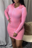 Pink Fashion Casual Solid Basic Hooded Collar Long Sleeve Dresses