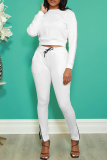 White Fashion Casual Solid Basic O Neck Long Sleeve Two Pieces