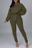 Army Green Fashion Casual Solid Frenulum Backless Hooded Collar Long Sleeve Two Pieces