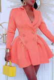 Pink Fashion Solid Split Joint Turndown Collar Long Sleeve Dresses