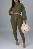 Light Khaki Fashion Casual Solid Frenulum Backless Hooded Collar Long Sleeve Two Pieces