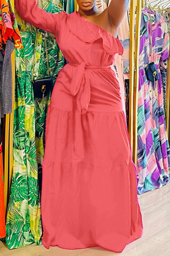 Watermelon Red Fashion Casual Solid Backless Oblique Collar Long Sleeve Dresses