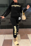 Black Fashion Casual Letter Print O Neck Long Sleeve Two Pieces