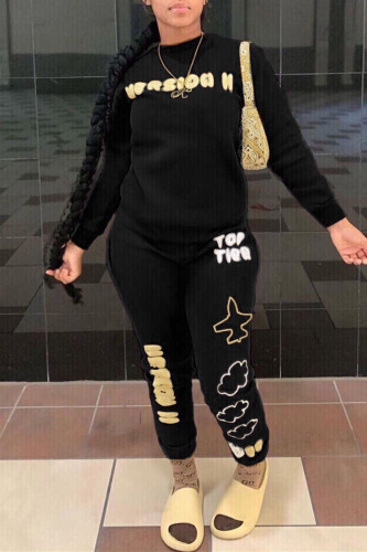 Black Fashion Casual Letter Print O Neck Long Sleeve Two Pieces