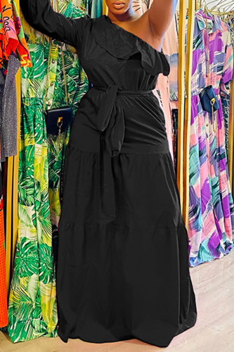 Black Fashion Casual Solid Backless Oblique Collar Long Sleeve Dresses