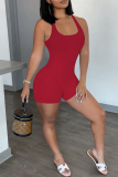 Red Casual Sportswear Solid Backless U Neck Skinny Romper