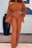 Brown Fashion Casual Solid Bandage Oblique Collar Regular Jumpsuits