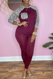 Burgundy Fashion Casual Print Patchwork O Neck Long Sleeve Two Pieces