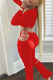 Red Fashion Casual Solid Hollowed Out O Neck Long Sleeve Two Pieces
