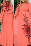 Pink Casual Print Split Joint O Neck Cake Skirt Plus Size Dresses