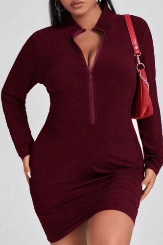 Burgundy Sexy Solid Patchwork Zipper Collar Pencil Skirt Plus Size Dresses