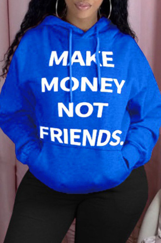 Blue Fashion Casual Hooded Collar Long Sleeve Regular Sleeve Regular Letter Print Tops
