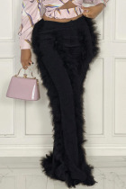 Black Fashion Solid Split Joint Feathers Boot Cut High Waist Speaker Solid Color Bottoms