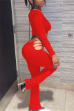 Red Fashion Casual Solid Hollowed Out O Neck Long Sleeve Two Pieces