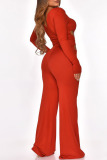 Red Fashion Sexy Solid Hollowed Out Square Collar Jumpsuits