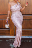 Pink Sexy Plus Size Patchwork Sequins Backless One Shoulder Evening Dress