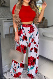 Red Fashion Casual Print Split Joint O Neck Short Sleeve Two Pieces