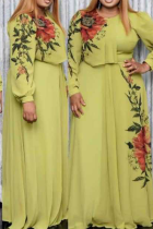 Green Casual Print Split Joint O Neck Cake Skirt Plus Size Dresses