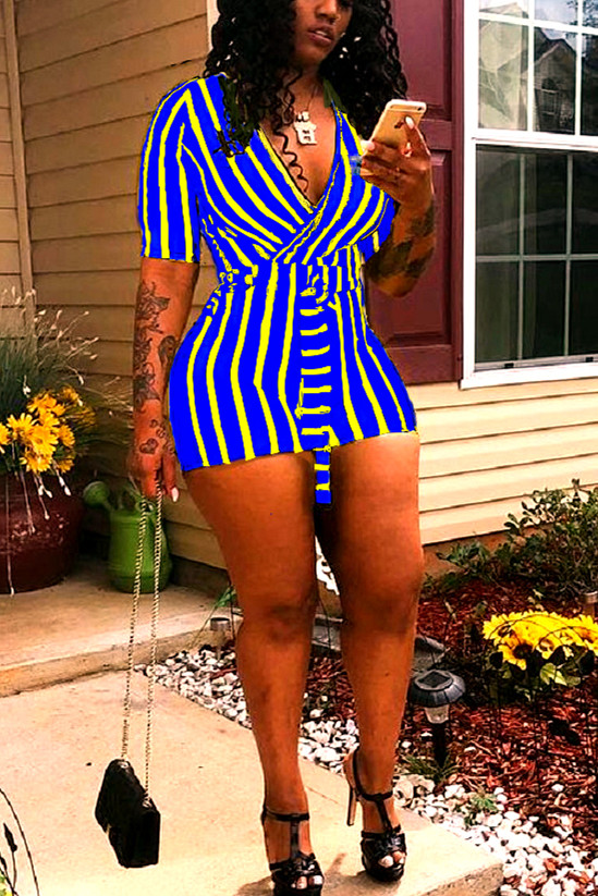 

Blue Fashion Casual Striped Printing Straps Romper