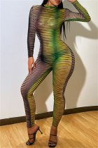 Green Fashion Sexy Print See-through O Neck Skinny Jumpsuits