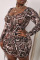 Brown Fashion Sexy Leopard Hollowed Out U Neck One Step Skirt Plus Size Dresses