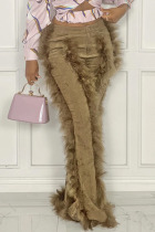 Khaki Fashion Solid Split Joint Feathers Boot Cut High Waist Speaker Solid Color Bottoms