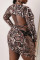Brown Fashion Sexy Leopard Hollowed Out U Neck One Step Skirt Plus Size Dresses