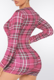 Rose Red Fashion Casual Plaid Patchwork V Neck Jumpsuits