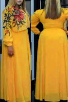 Yellow Casual Print Split Joint O Neck Cake Skirt Plus Size Dresses