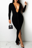 Red Sexy Casual Solid Backless Slit V Neck Long Sleeve Dresses