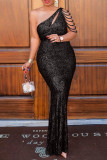 Black Sexy Plus Size Patchwork Sequins Backless One Shoulder Evening Dress