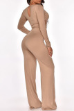 Khaki Fashion Sexy Solid Hollowed Out Square Collar Jumpsuits