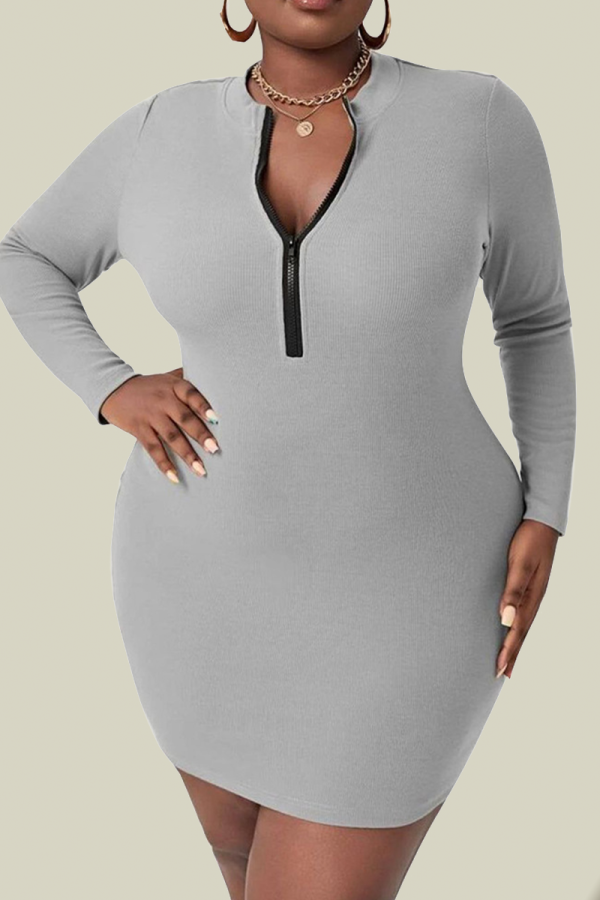 Grey Sexy Solid Patchwork Zipper Collar Pencil Skirt Plus Size Dresses