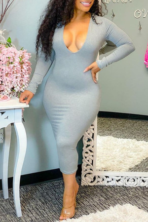 Grey Sexy Casual Solid Basic V Neck Long Sleeve Dresses