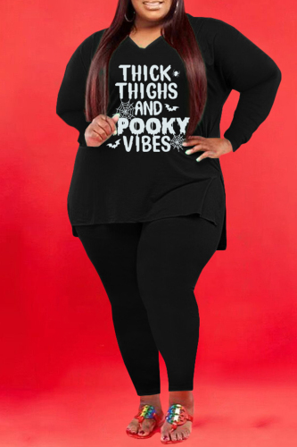Black Fashion Casual Letter Print Basic V Neck Plus Size Two Pieces