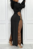 Pink Sexy Casual Solid Hollowed Out Slit O Neck Long Sleeve Dresses