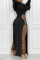 Black Sexy Casual Solid Hollowed Out Slit O Neck Long Sleeve Dresses