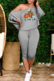 Grey Casual Print Split Joint Off the Shoulder Long Sleeve Two Pieces