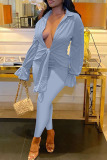 Light Blue Casual Solid Bandage Patchwork Turndown Collar Long Sleeve Two Pieces