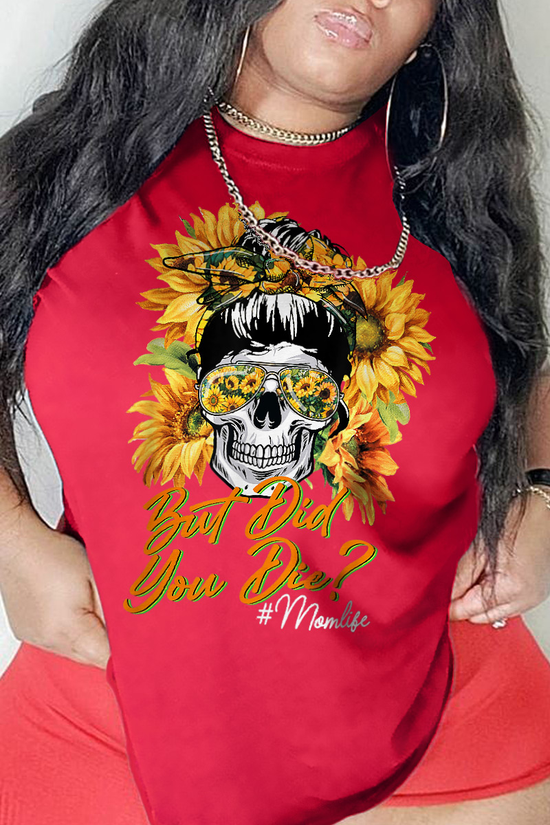 

Red Casual Party Print Split Joint O Neck T-Shirts