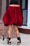 Red Casual Print Split Joint Off the Shoulder Lantern Dress Dresses