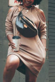 Khaki Pre-sale Fashion Casual Solid Basic Hooded Collar Long Sleeve Dresses