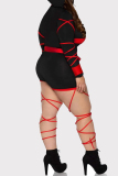 Black Sexy Casual Patchwork Print Bandage Hollowed Out Half A Turtleneck Plus Size Romper