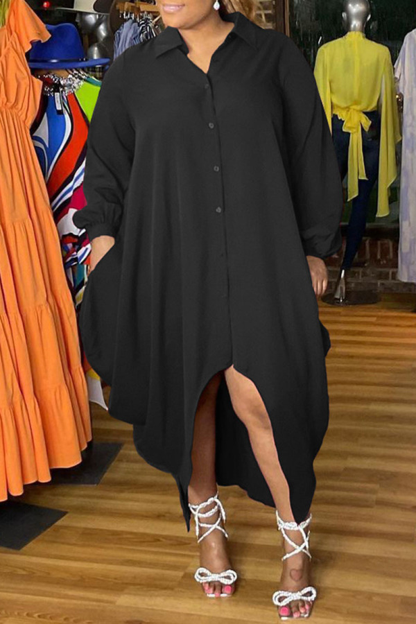 Black Fashion Elegant Solid Patchwork Turndown Collar Irregular Dress Plus Size Dresses