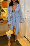 Light Blue Casual Solid Bandage Patchwork Turndown Collar Long Sleeve Two Pieces