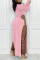 Pink Sexy Casual Solid Hollowed Out Slit O Neck Long Sleeve Dresses