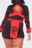 Black Sexy Casual Patchwork Print Bandage Hollowed Out Half A Turtleneck Plus Size Romper